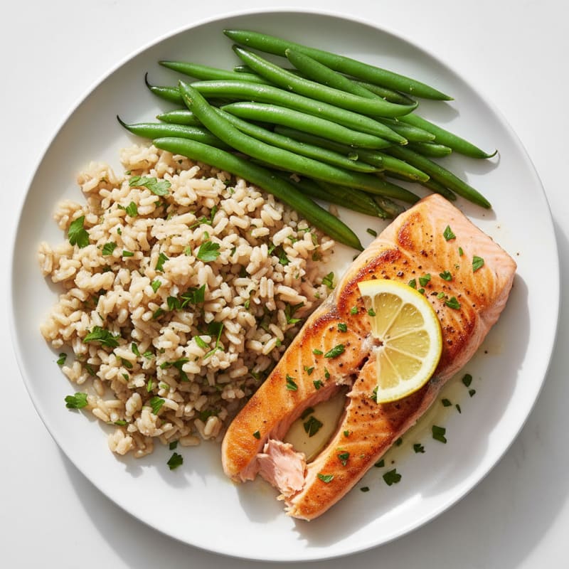 Seared Salmon Fillet with Steamed Green Beans and Herbed Brown Rice