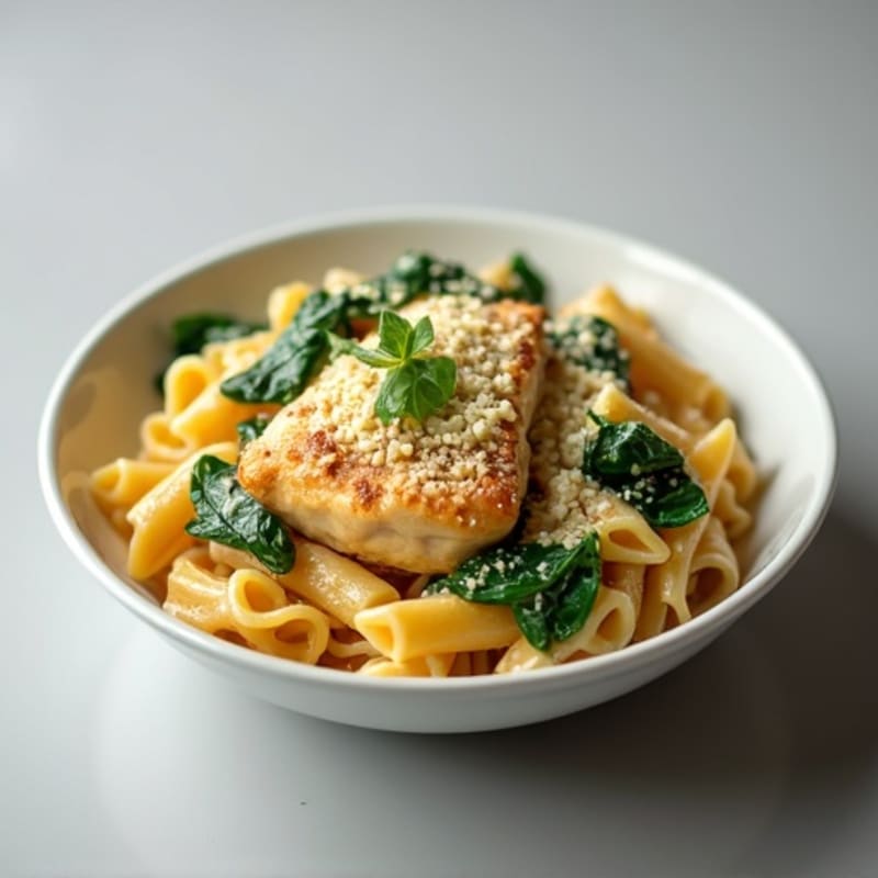Creamy Garlic Chicken Protein Pasta with Spinach