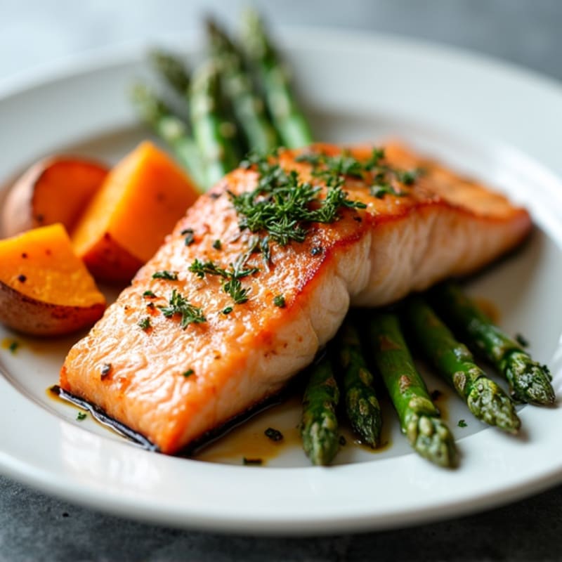 Seared Salmon with Roasted Asparagus and Sweet Potato