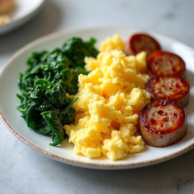 Fluffy Scrambled Eggs with Sautéed Spinach and Lean Chicken Sausage
