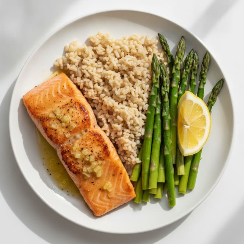 Seared Salmon with Steamed Asparagus and Brown Rice