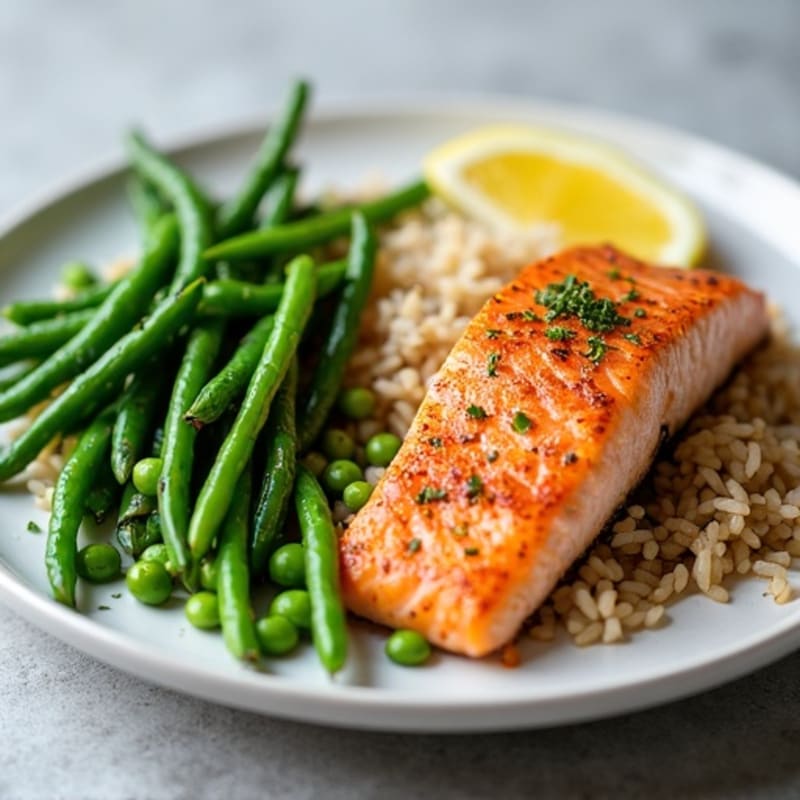 Seared Salmon Fillet with Steamed Green Beans, Brown Rice & Edamame