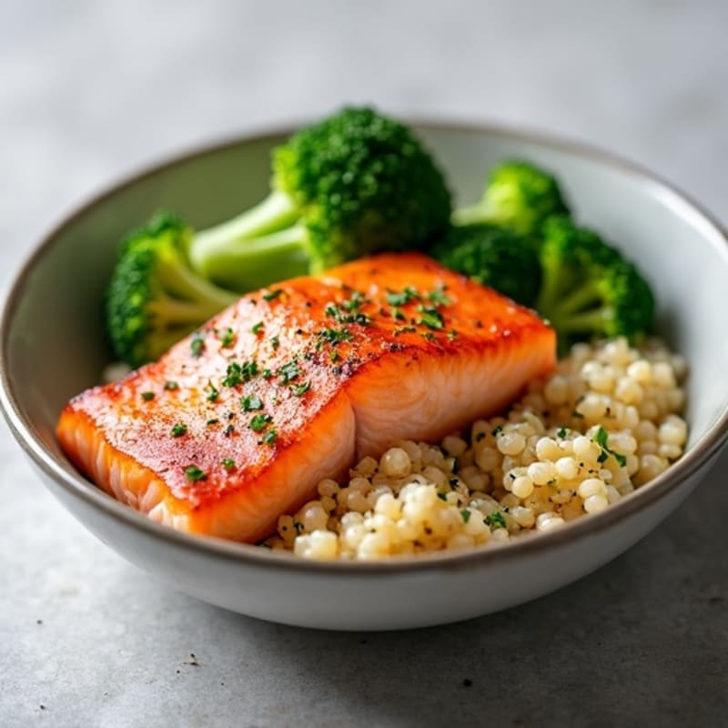 Seared Salmon with Steamed Broccoli and Quinoa