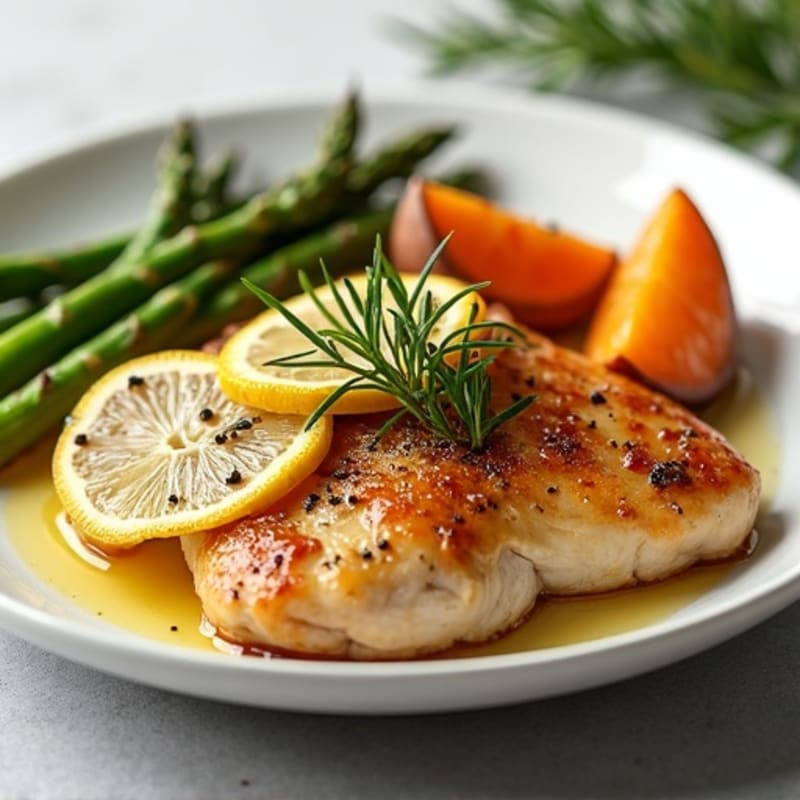 Lemon Herb Roasted Chicken with Crispy Asparagus and Sweet Potato