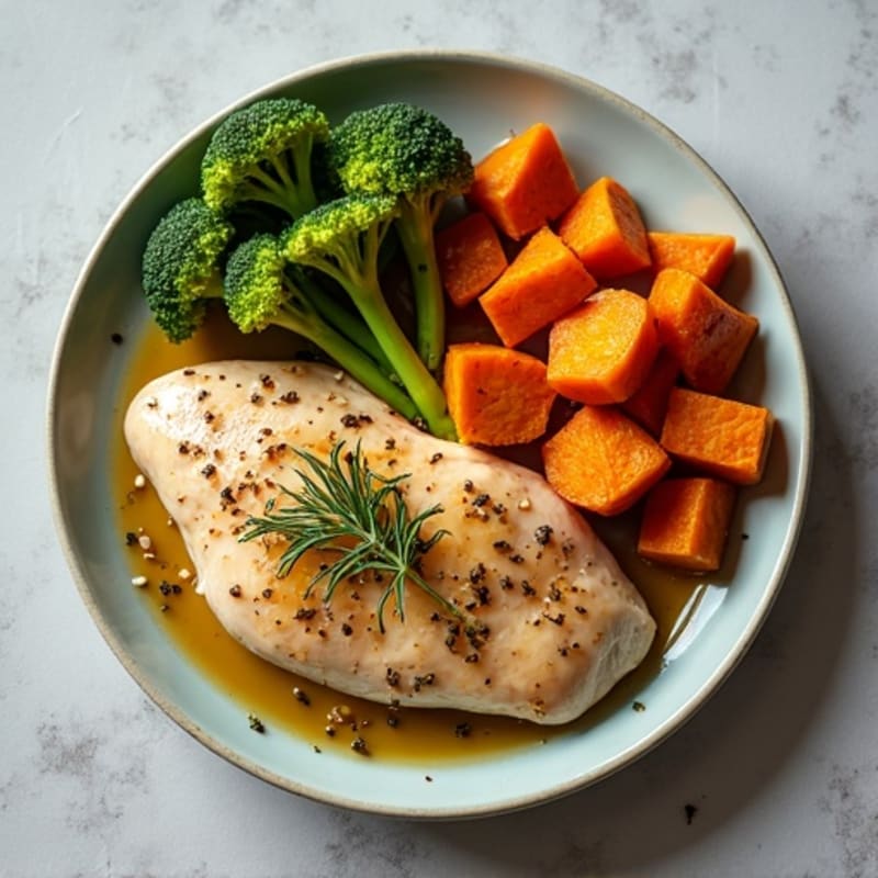 Herb-Roasted Chicken with Roasted Sweet Potatoes and Crispy Broccoli