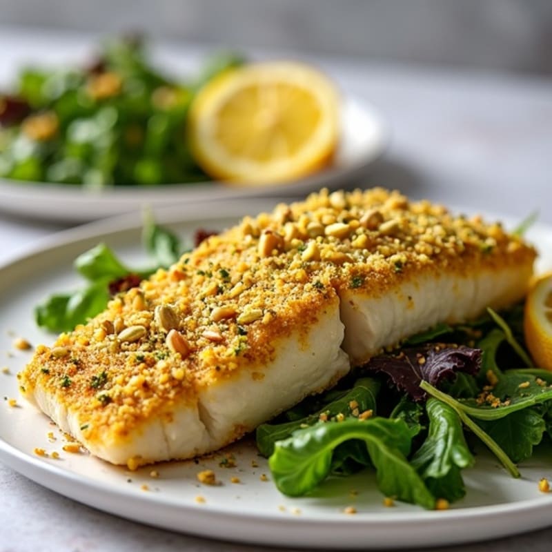 Pistachio-Crusted Baked Cod with Bright Citrus Greens