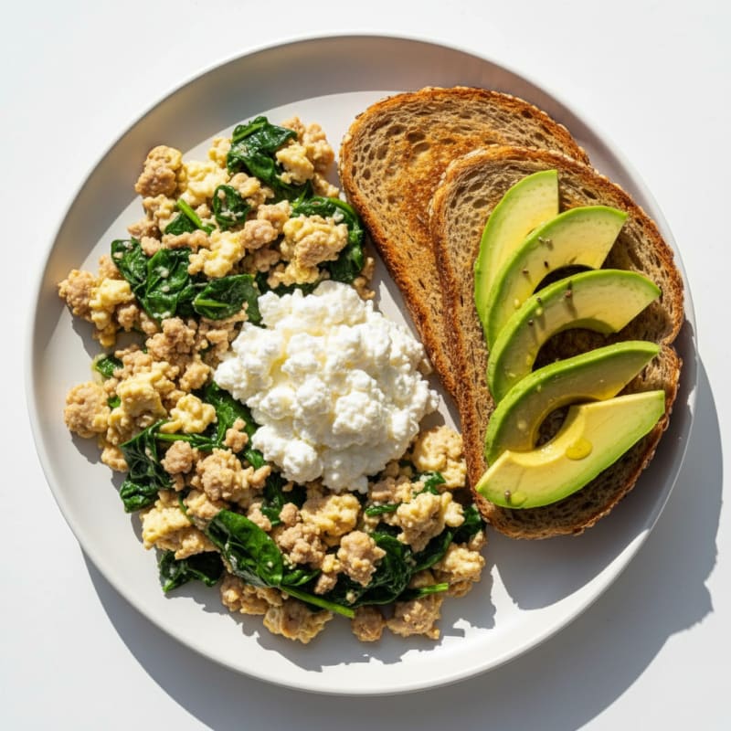 Egg White and Turkey Spinach Scramble with Cottage Cheese