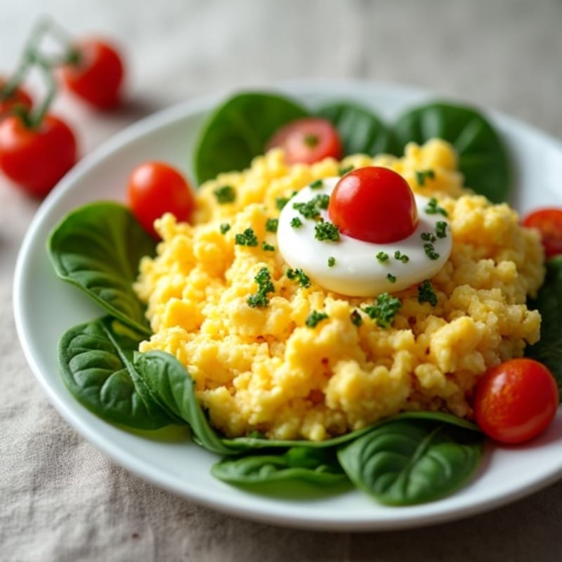 Fluffy Scrambled Eggs with Fresh Spinach and Cherry Tomatoes