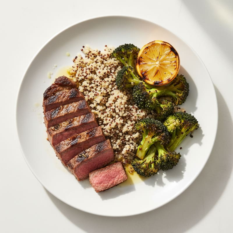 Grilled Lean Beef Steak with Roasted Broccoli and Quinoa