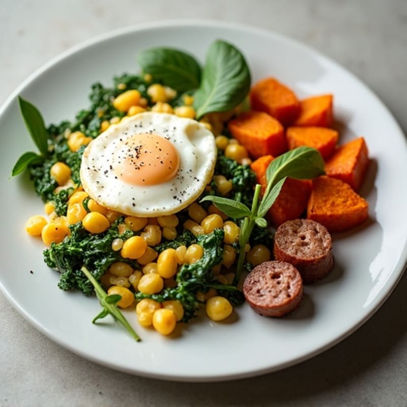 Egg White Spinach Scramble with Turkey Sausage and Roasted Sweet Potatoes