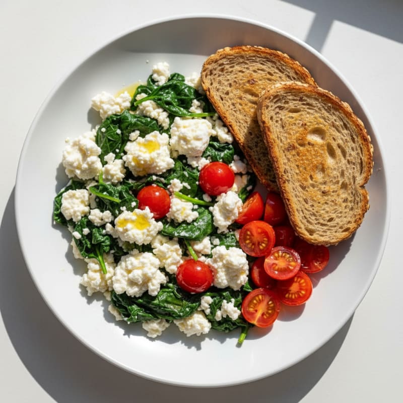 Egg White and Spinach Scramble with Cottage Cheese and Cherry Tomatoes
