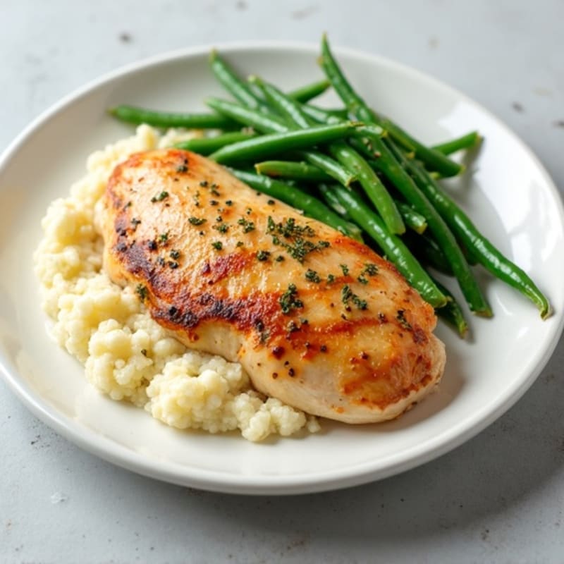 Seared Chicken Breast with Garlic Green Beans and Cauliflower Mash