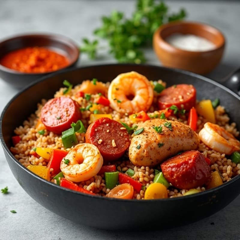One-Pan Spicy Chicken, Shrimp, and Lean Sausage Skillet with Rice and Vegetables