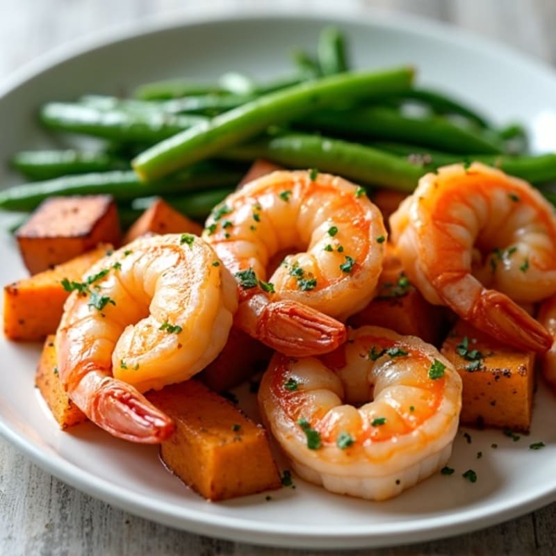 Garlic Herb Roasted Shrimp with Sweet Potatoes and Crispy Green Beans