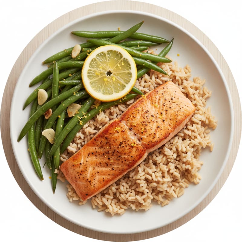 Seared Salmon with Garlic Green Beans and Brown Rice