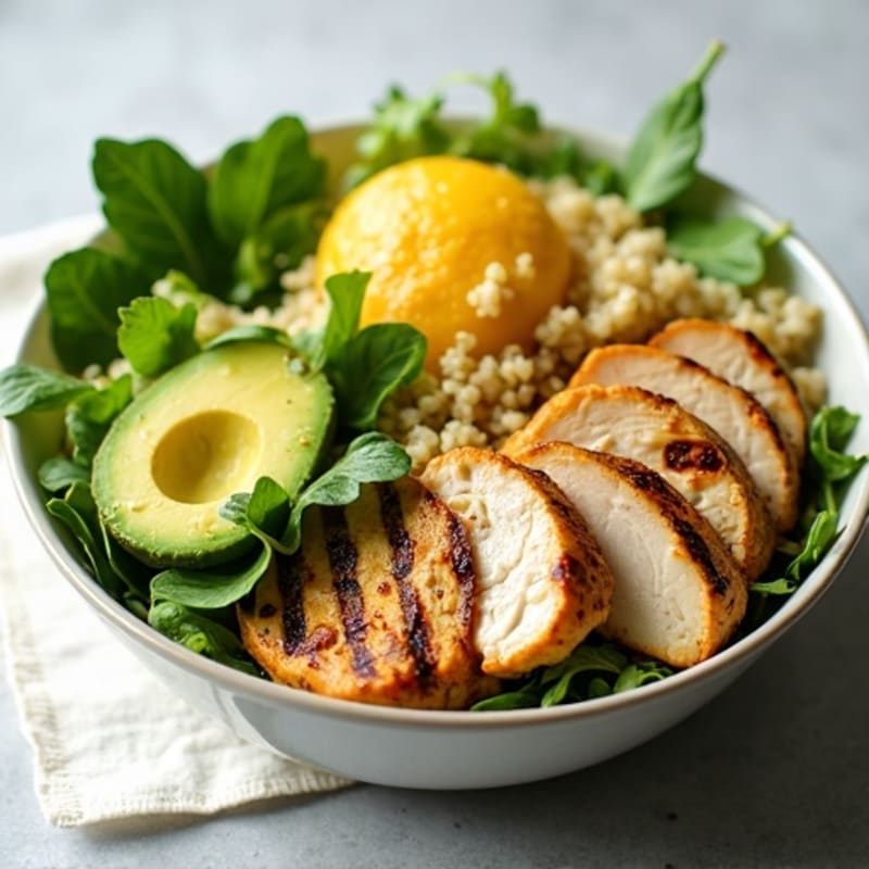 Grilled Chicken and Avocado Quinoa Bowl with Watercress