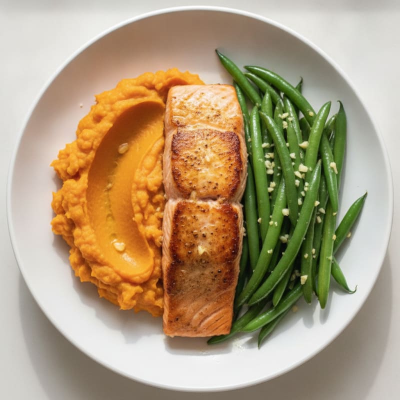 Seared Salmon with Garlic Green Beans and Sweet Potato Mash