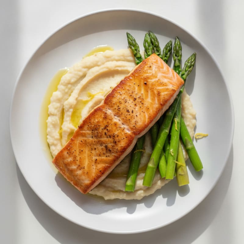 Seared Salmon with Creamy White Bean Mash and Steamed Asparagus