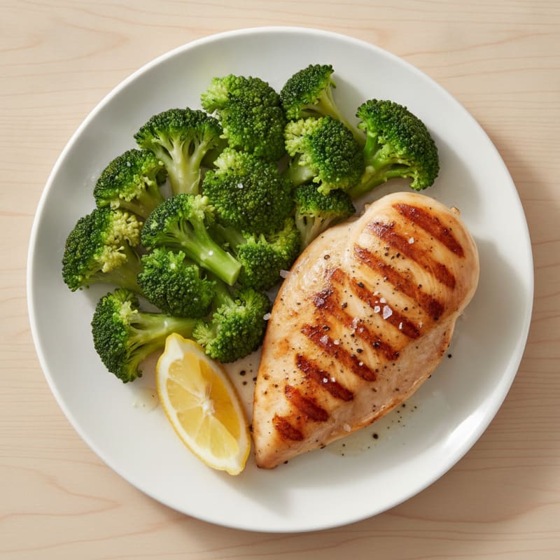 Grilled Chicken Breast with Steamed Broccoli and Lemon