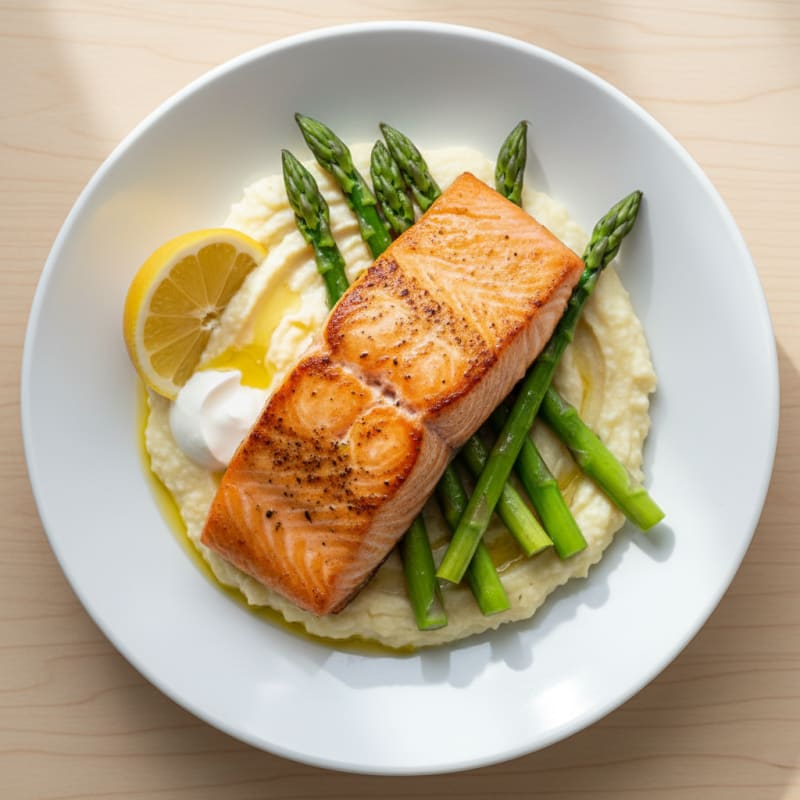 Seared Salmon with Steamed Asparagus and Cauliflower Mash