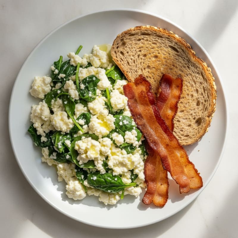 Egg White and Cottage Cheese Scramble with Spinach and Turkey Bacon