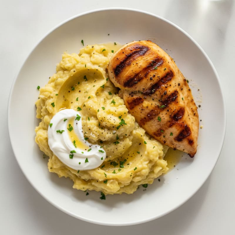 Buttery Garlic Parmesan Mashed Potatoes with Grilled Chicken