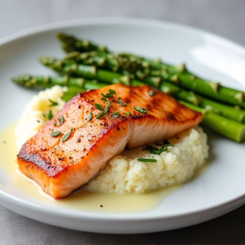 Seared Salmon with Steamed Asparagus and Cauliflower Mash