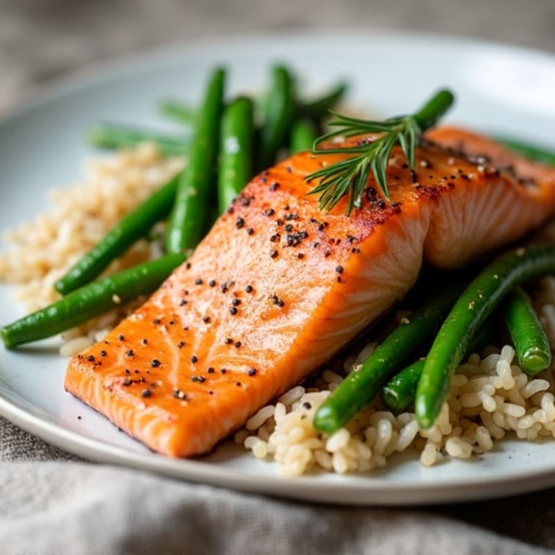Seared Salmon with Garlic Green Beans and Brown Rice