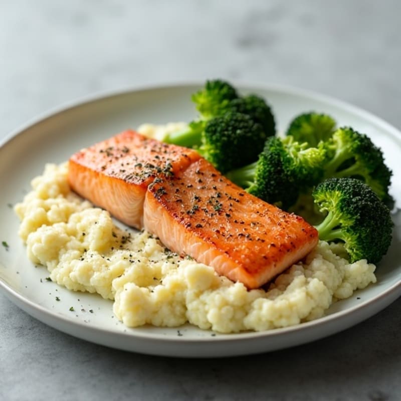 Seared Salmon with Roasted Broccoli and Garlic Mashed Cauliflower