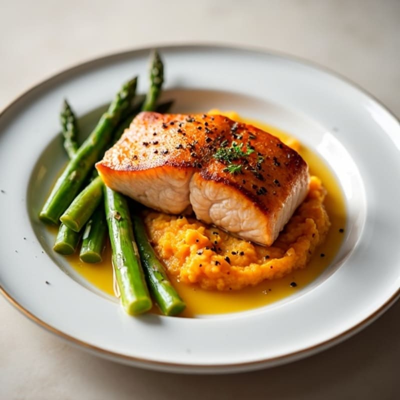 Seared Salmon with Steamed Asparagus and Sweet Potato Mash
