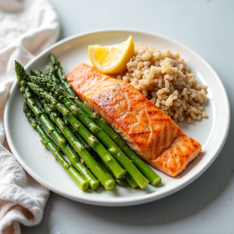 Seared Salmon with Steamed Asparagus and Brown Rice
