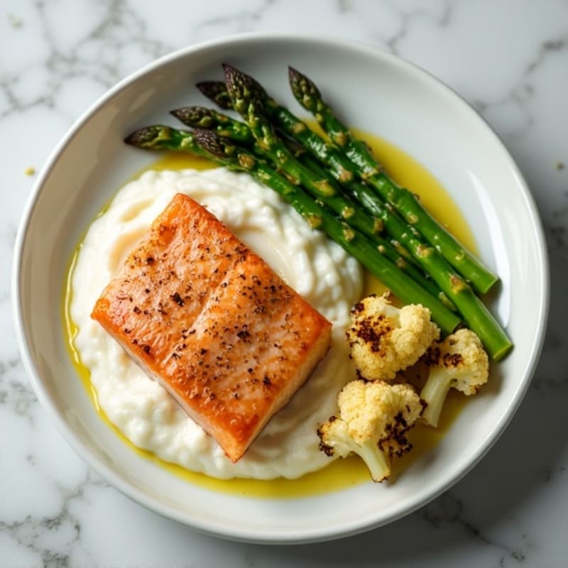 Seared Salmon with Roasted Asparagus and Cauliflower Mash