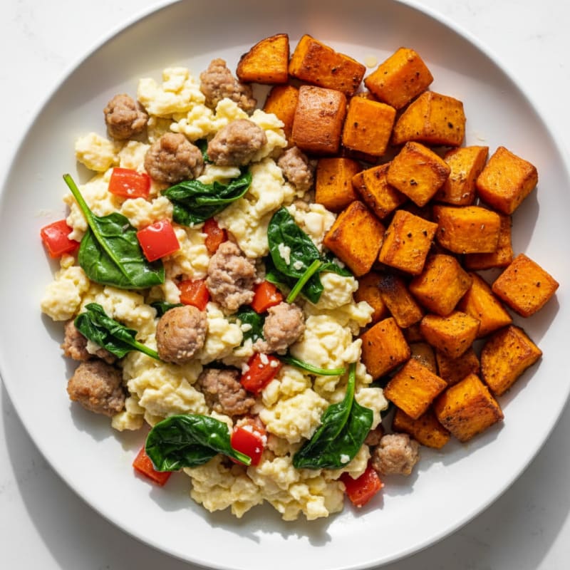 Egg White Scramble with Turkey Sausage and Roasted Sweet Potatoes