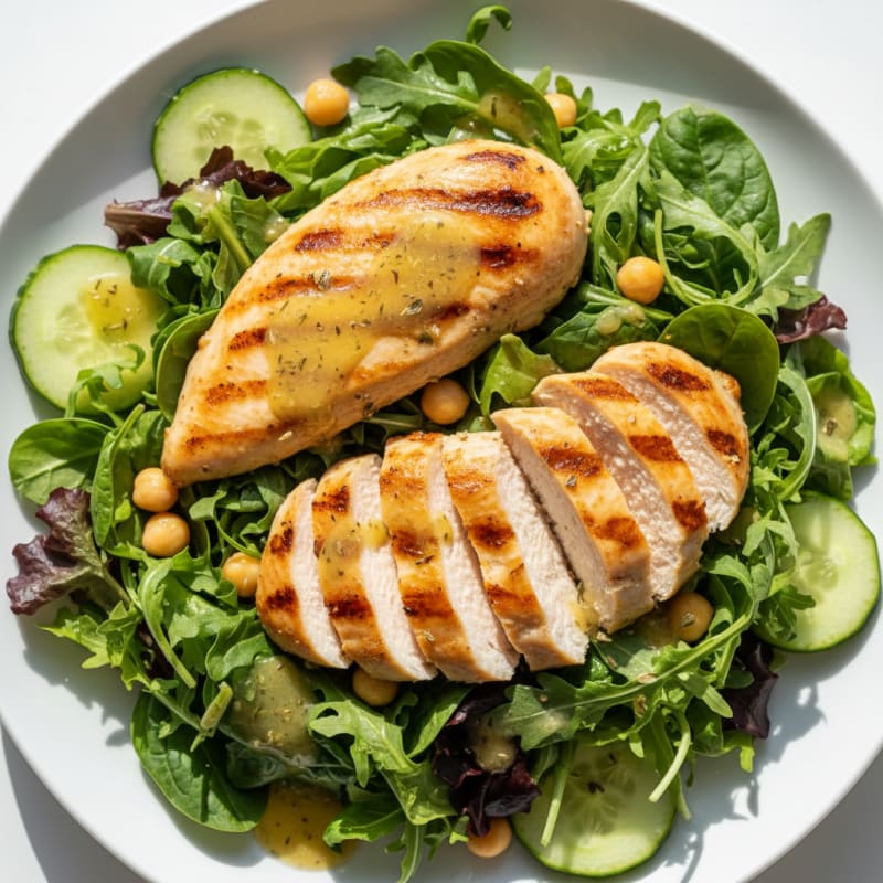 Grilled Chicken Breast Salad with Mixed Greens and Chickpeas