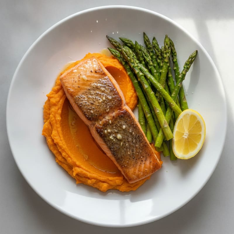 Seared Salmon Fillet with Roasted Asparagus and Sweet Potato Mash