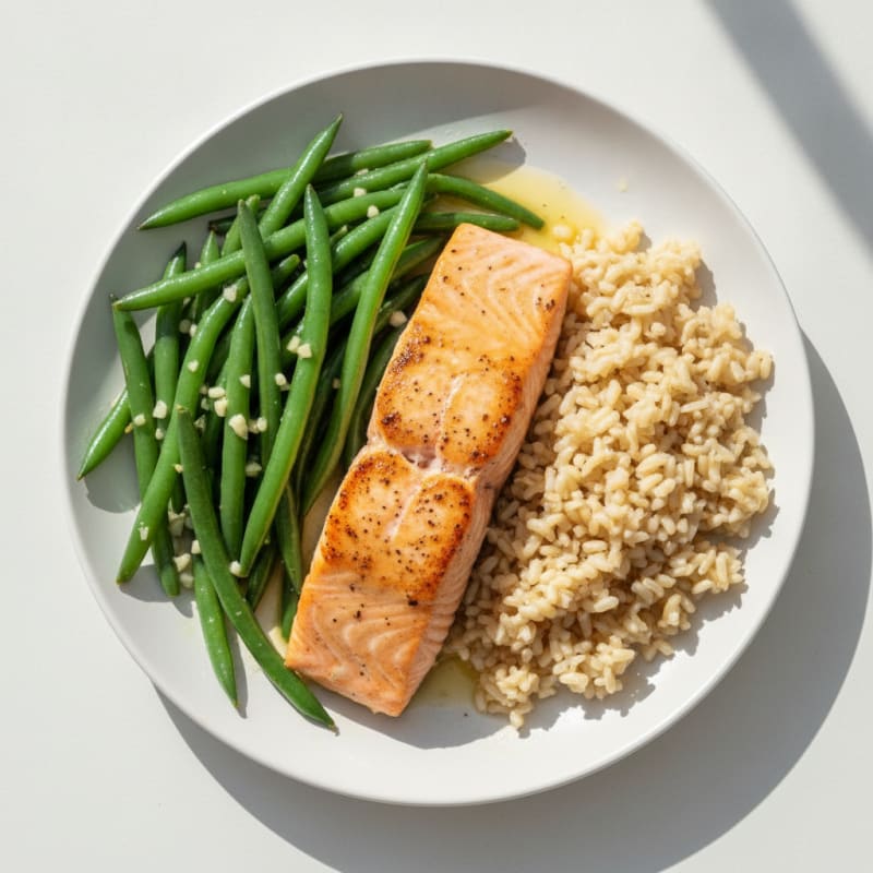 Seared Salmon with Garlic Green Beans and Brown Rice