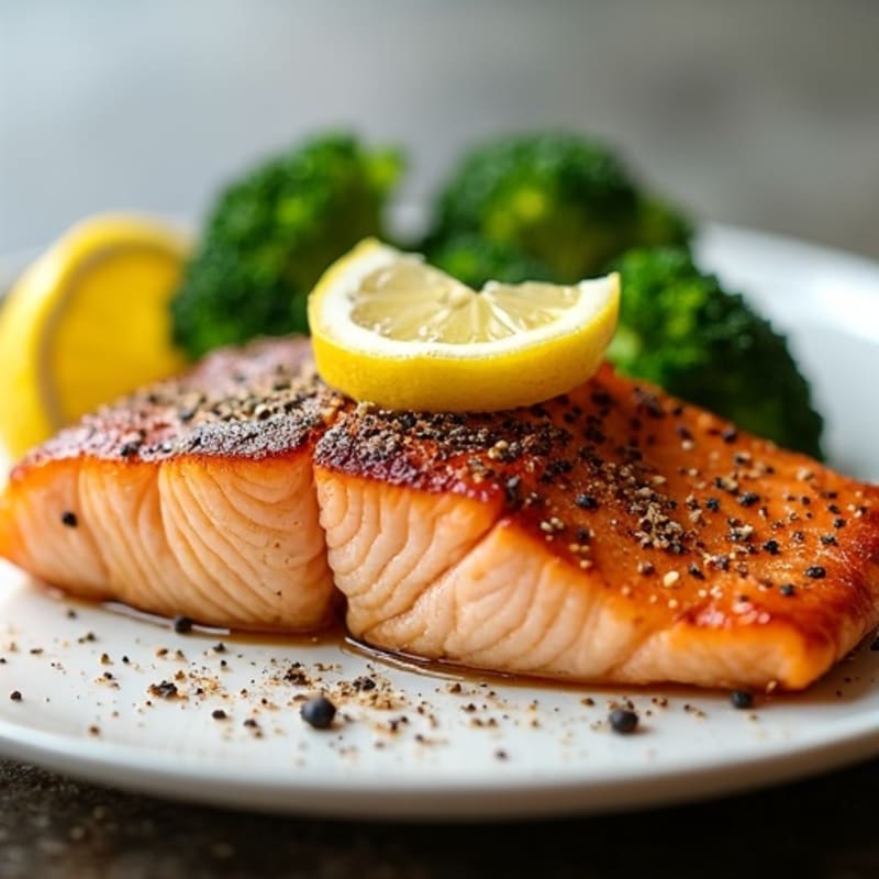 Seared Salmon with Steamed Broccoli and Lemon