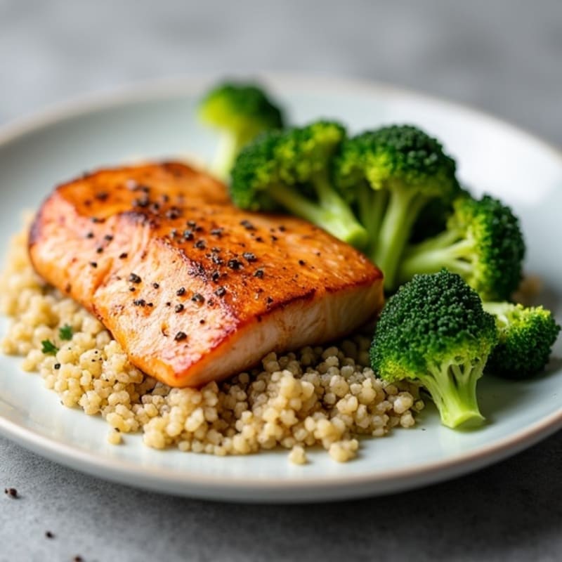 Seared Salmon Fillet with Steamed Broccoli and Quinoa