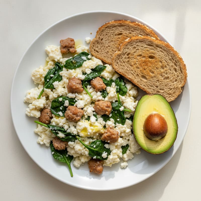Egg White and Turkey Sausage Scramble with Spinach and Feta
