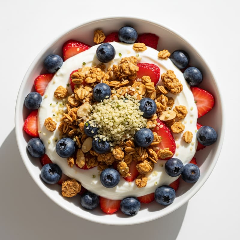 Greek Yogurt Parfait with Crunchy Almond Granola and Mixed Berries