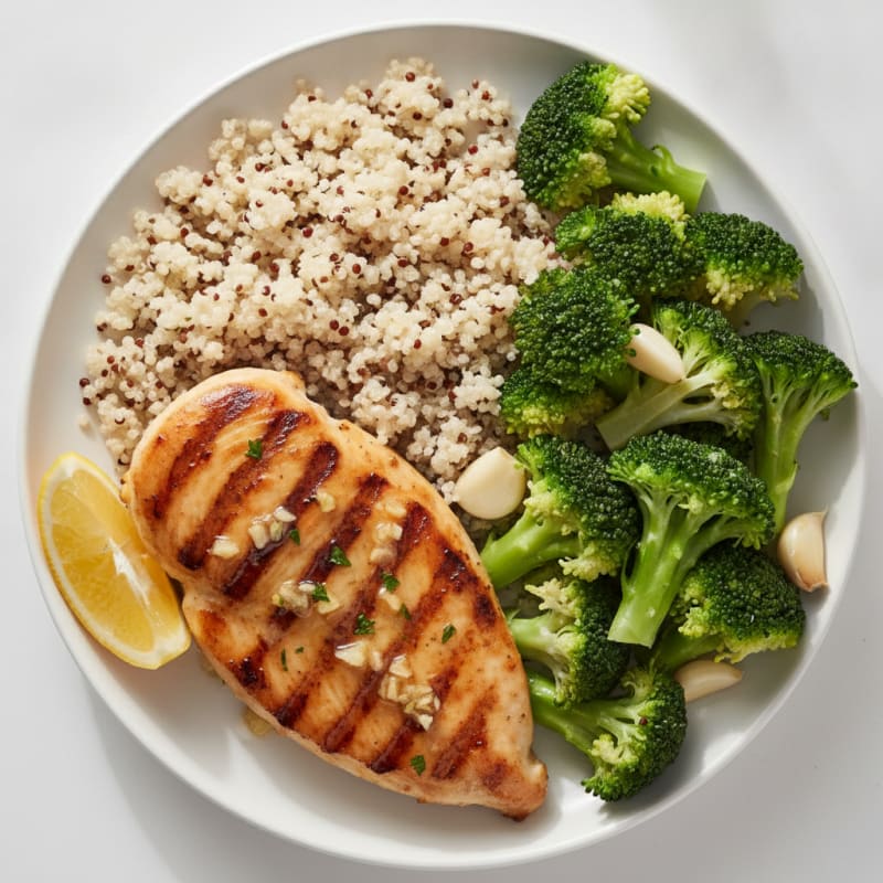 Grilled Lemon-Garlic Chicken Breast with Quinoa and Steamed Broccoli
