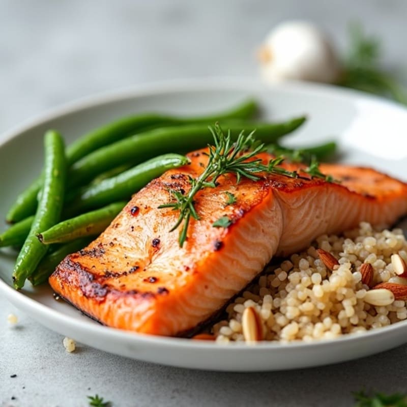 Seared Salmon with Garlic Green Beans and Brown Rice