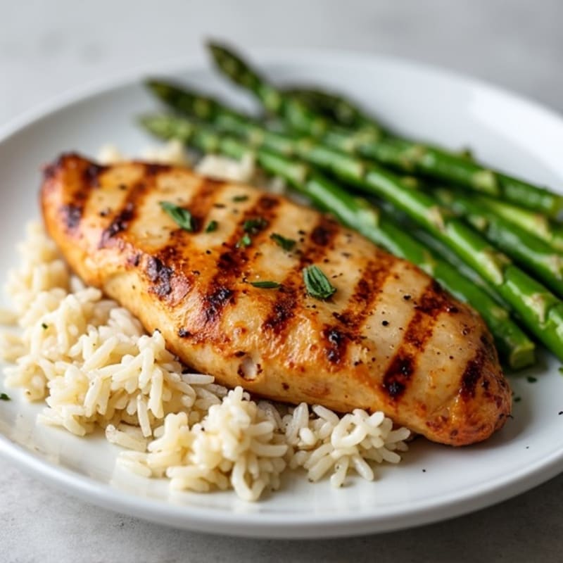 Grilled Chicken Breast with Jasmine Rice and Steamed Asparagus