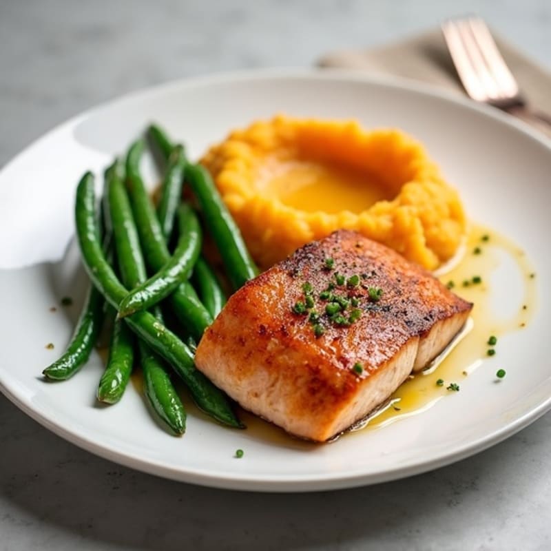 Seared Salmon with Garlic Green Beans and Mashed Sweet Potato