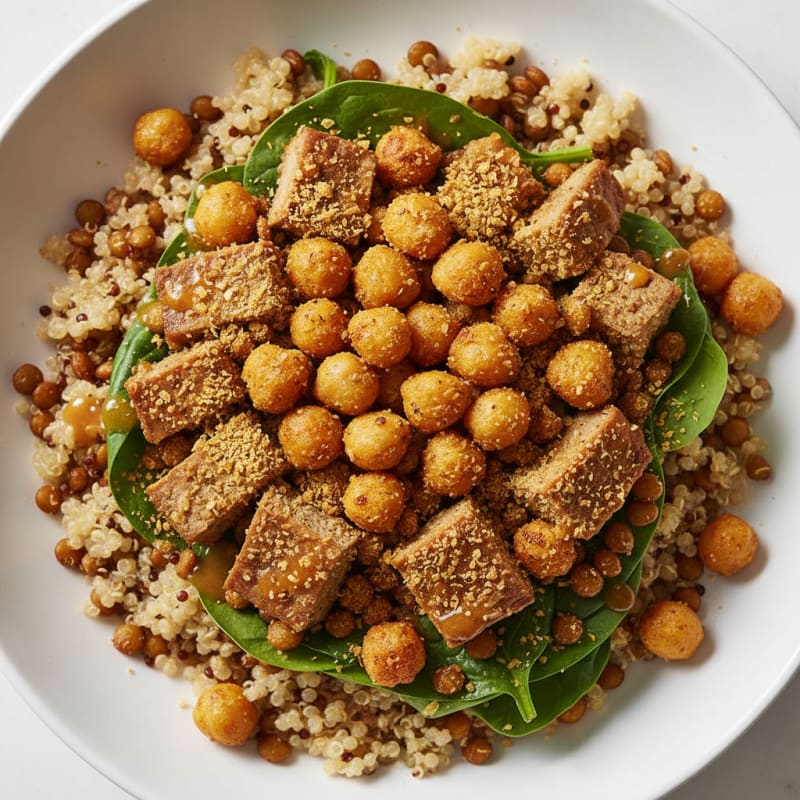 Crispy Lentil and Quinoa Power Bowl with Roasted Chickpeas