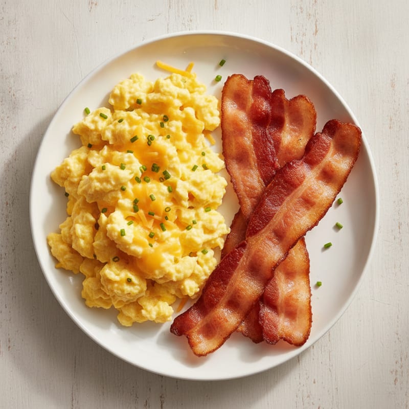Cheesy Scrambled Eggs with Crispy Bacon