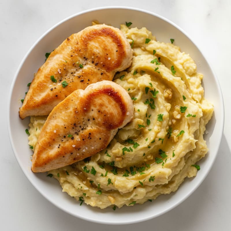 Buttery Garlic Parmesan Mashed Potatoes with Pan-Seared Chicken