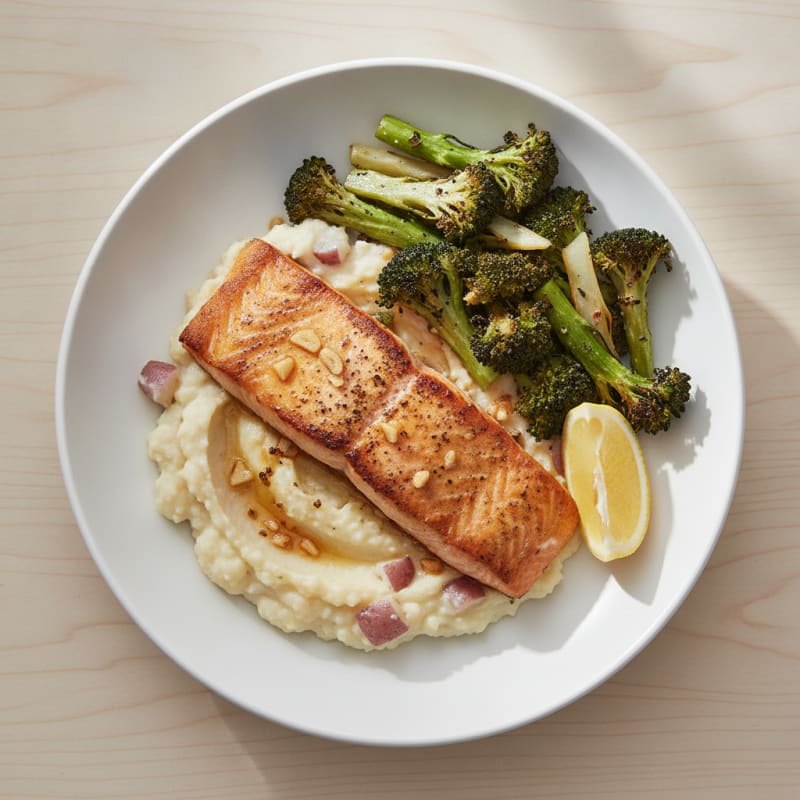 Seared Salmon with Roasted Broccoli and Garlic Mash