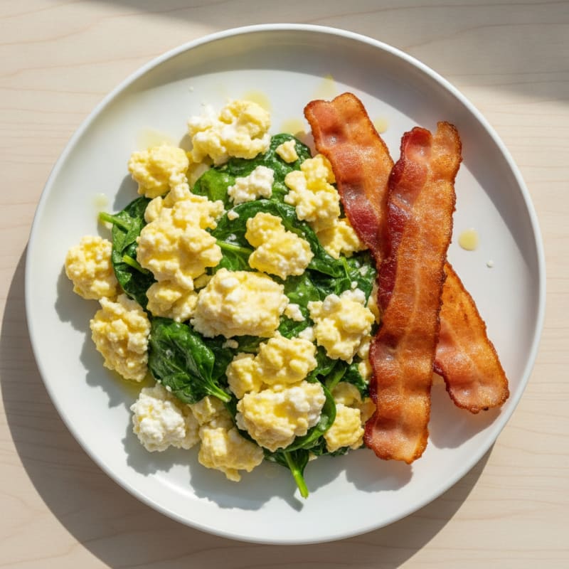 Cottage Cheese Egg Scramble with Spinach and Turkey Bacon