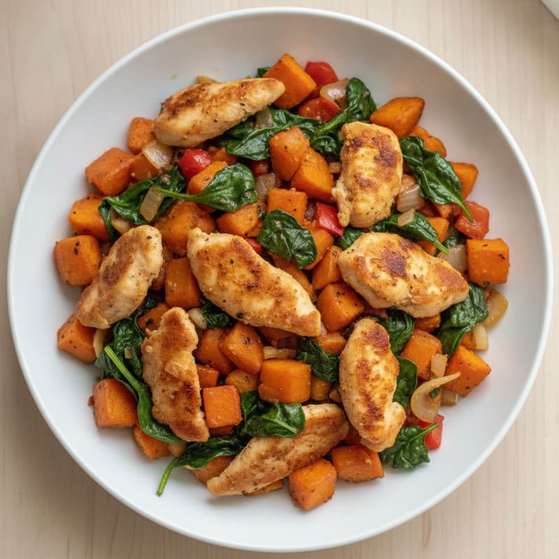 Crispy Chicken and Sweet Potato Hash with Spinach